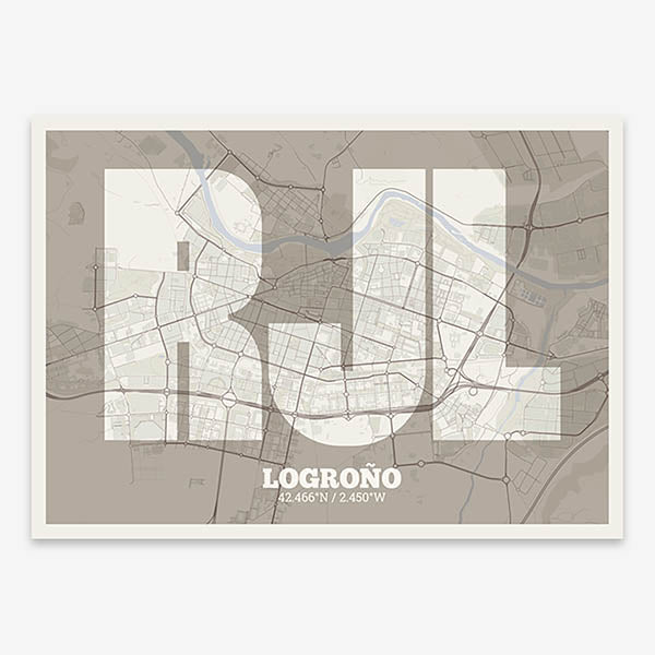 Decorative print of Logroño composed with letters in a heavy geometric font printed on light brown and an off-white background