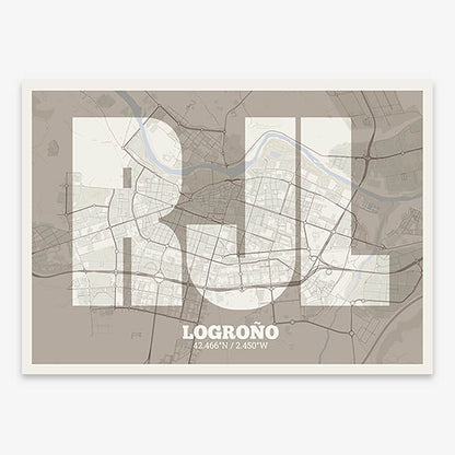 Decorative print of Logroño composed with letters in a heavy geometric font printed on light brown and an off-white background