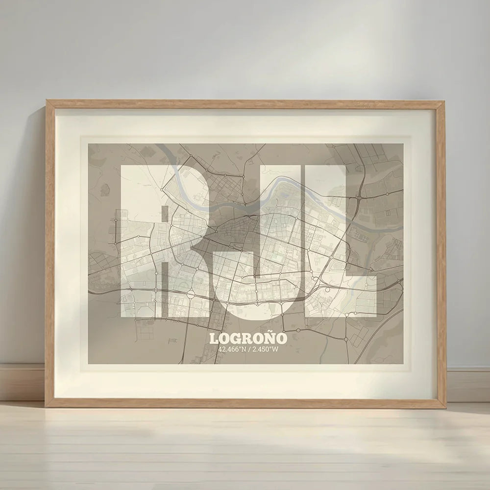 Framed Logroño in Super Bold design, a typographic poster where the city map is overlaid with extra-thick lettering for a modern, high-impact look designed in light brown and an off-white background with a white margin border in a warm lit minimalist setting