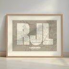 Framed Logroño in Super Bold design, a typographic poster where the city map is overlaid with extra-thick lettering for a modern, high-impact look designed in light brown and an off-white background with a white margin border in a warm lit minimalist setting