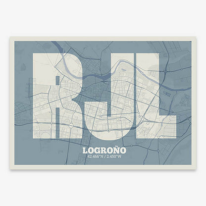 Decorative print of Logroño composed with letters in a heavy geometric font printed on bluish gray and an off-white background