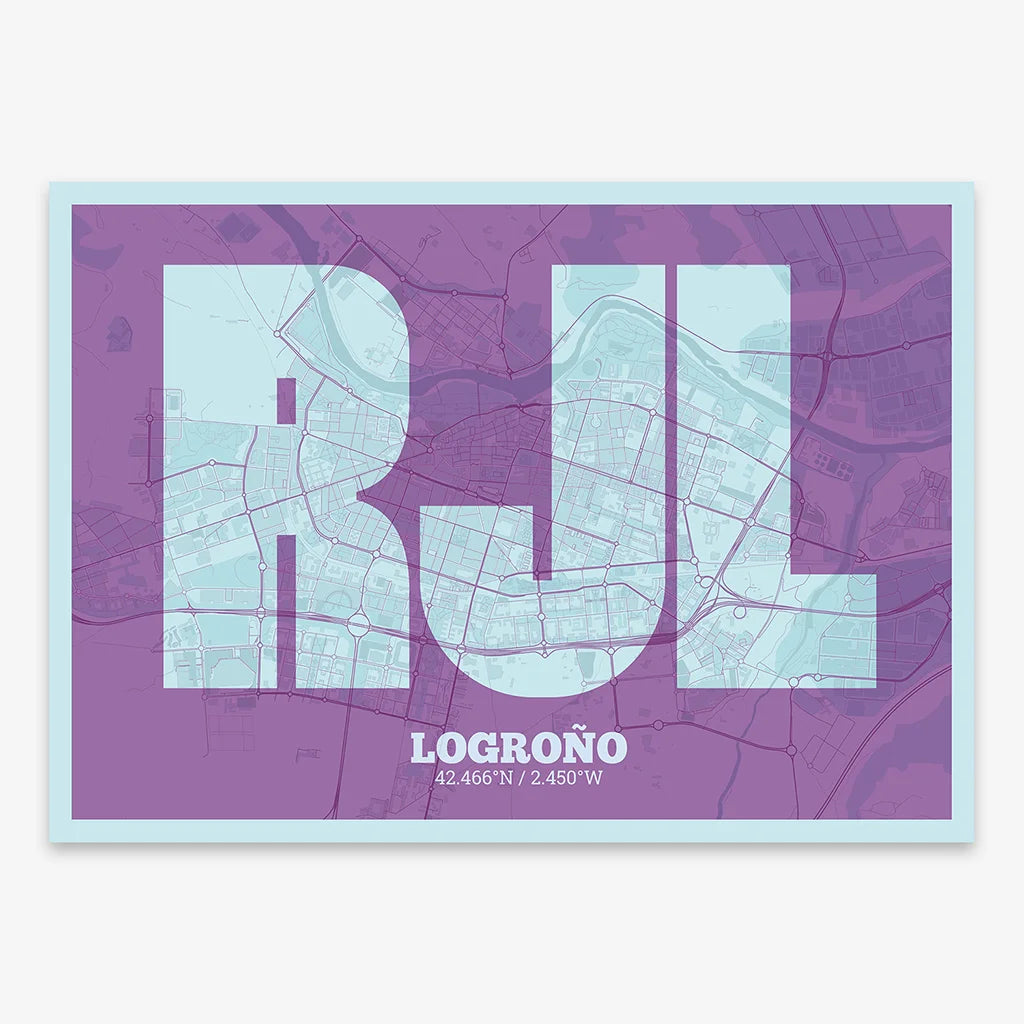 Decorative print of Logroño composed with letters in a heavy geometric font printed on purple and light blue