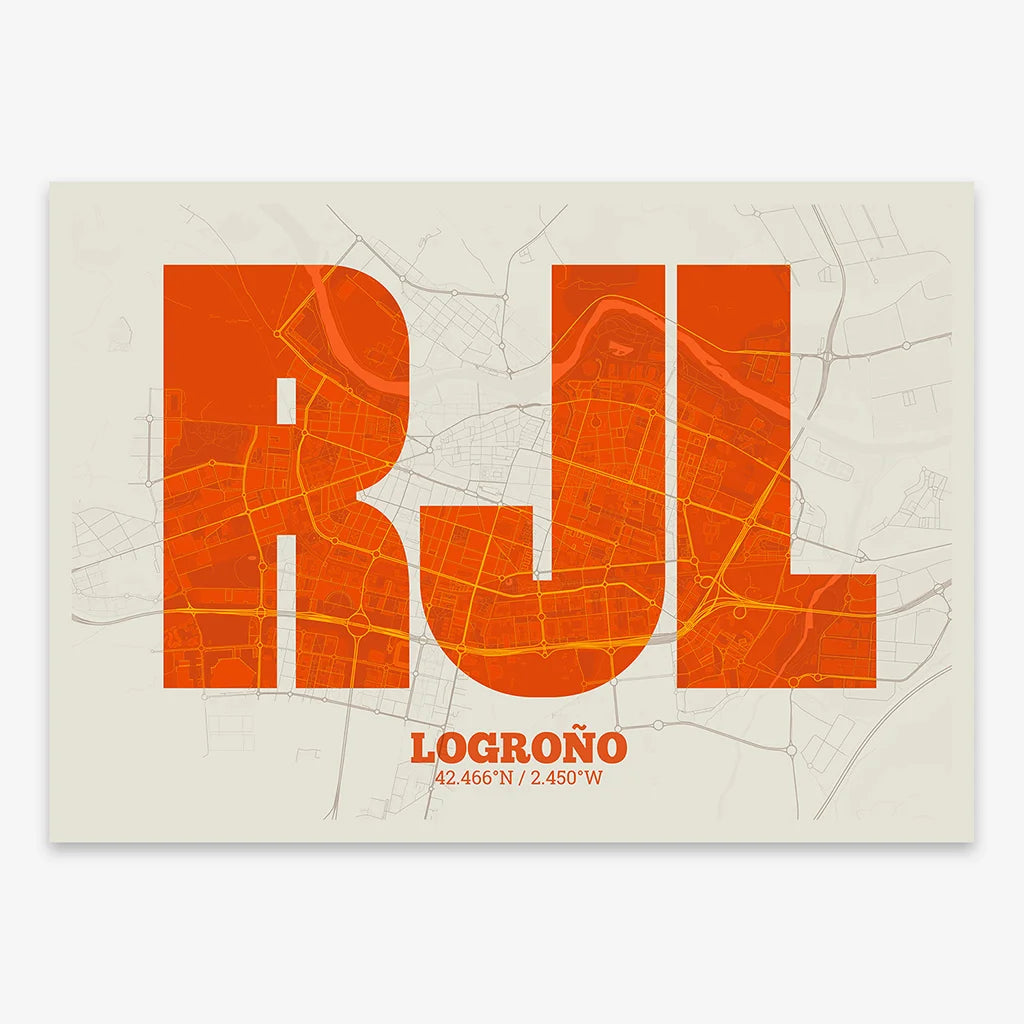 Decorative print of Logroño composed with letters in a heavy geometric font printed on orange and an off-white background
