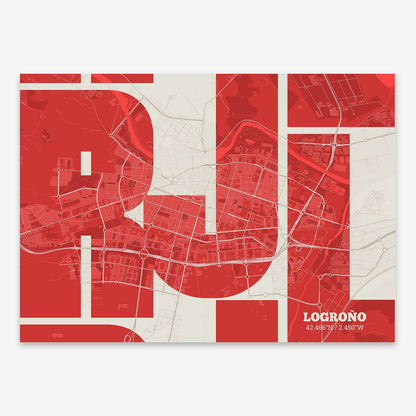 The map of Logrono composed with letters from its name or IATA code printed on red and an off-white background