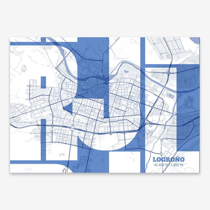 The map of Logrono composed with letters from its name or IATA code printed on navy blue and white