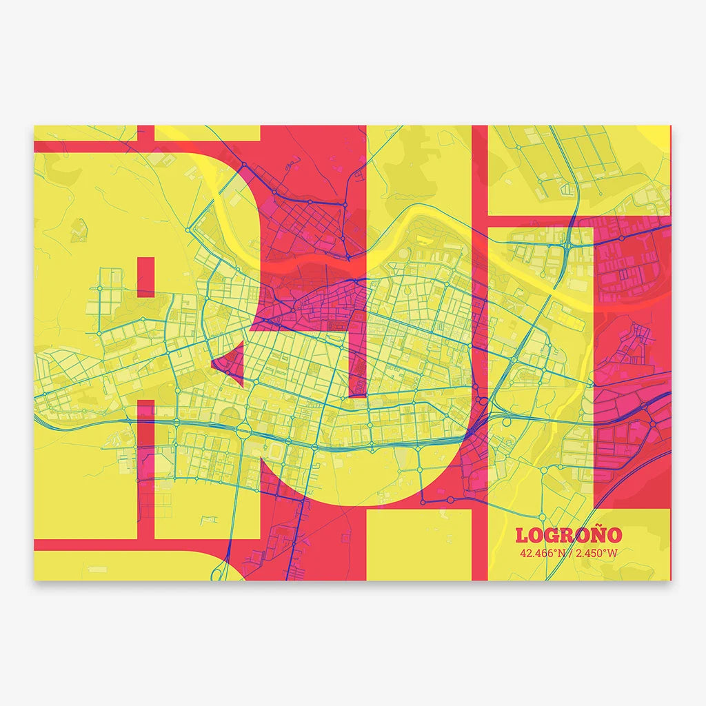 Poster of Logroño composed with letters from its abbreviation or its airport IATA code printed on yellow and fuchsia