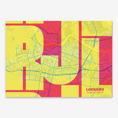 The map of Logrono composed with letters from its name or IATA code printed on yellow and fuchsia