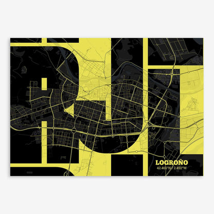 The map of Logrono composed with letters from its name or IATA code printed on black and yellow