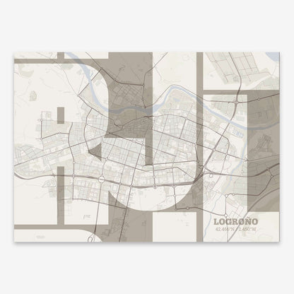 The map of Logrono composed with letters from its name or IATA code printed on light brown and an off-white background