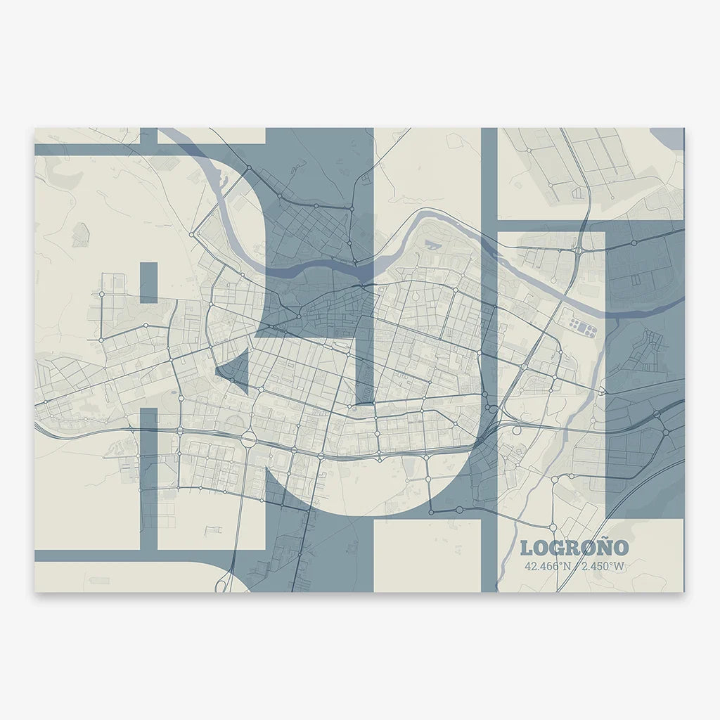 Poster of Logroño composed with letters from its abbreviation or its airport IATA code printed on bluish gray and an off-white background