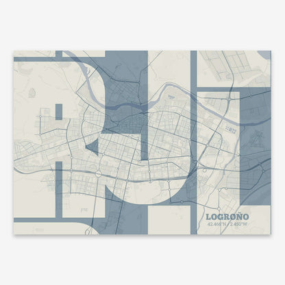 The map of Logrono composed with letters from its name or IATA code printed on bluish gray and an off-white background