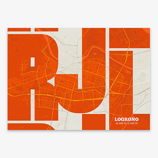Poster of Logroño composed with letters from its abbreviation or its airport IATA code printed on orange and an off-white background