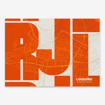 The map of Logrono composed with letters from its name or IATA code printed on orange and an off-white background