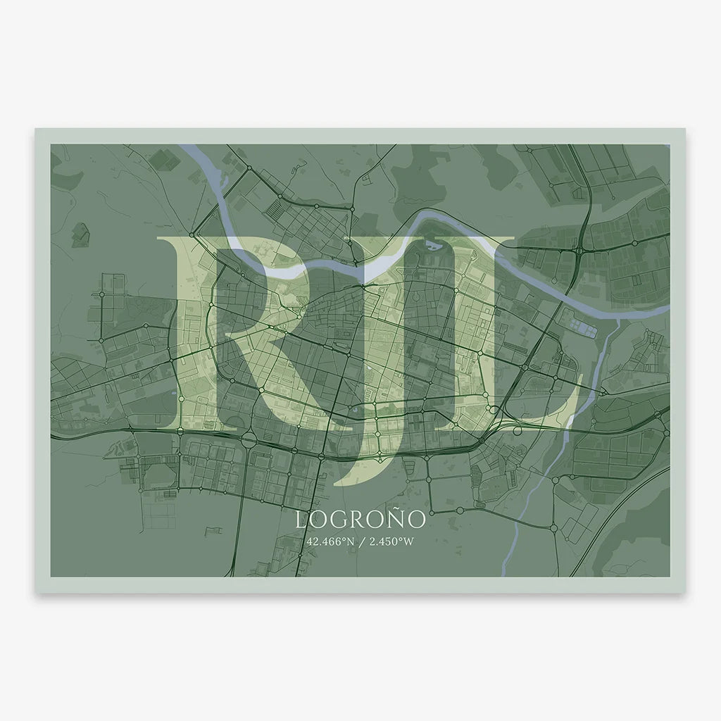 Decorative map of Logroño composed with letters in serif font printed on two green tones
