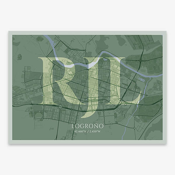 Decorative map of Logroño composed with letters in serif font printed on two green tones