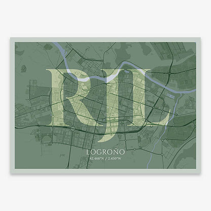 Decorative map of Logroño composed with letters in serif font printed on two green tones