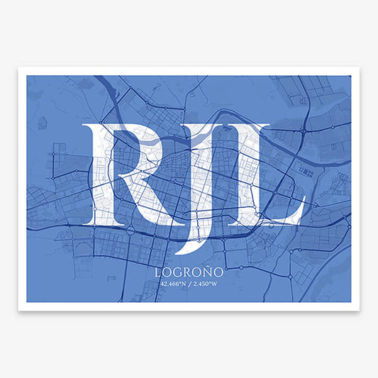 Decorative map of Logroño composed with letters in serif font printed on navy blue and white