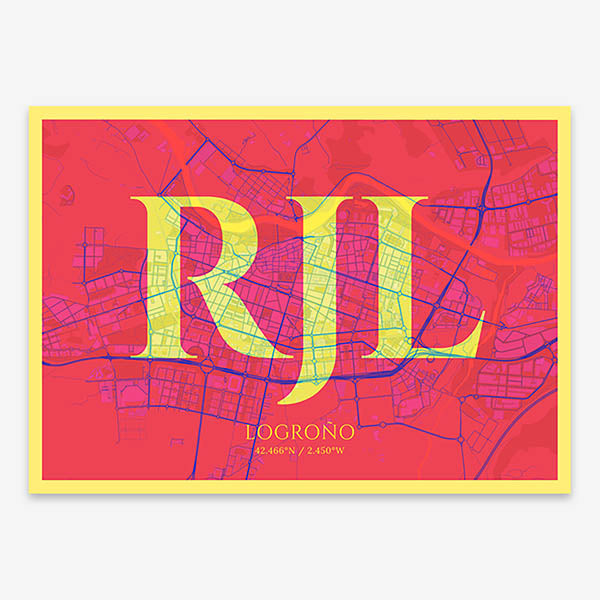 Decorative map of Logroño composed with letters in serif font printed on yellow and fuchsia