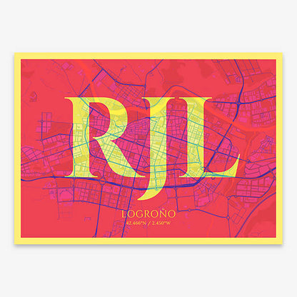 Decorative map of Logroño composed with letters in serif font printed on yellow and fuchsia