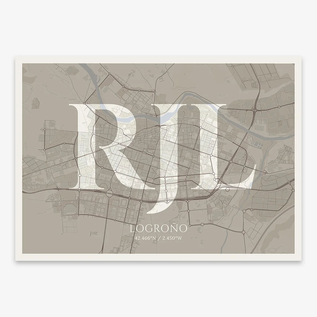 Decorative map of Logroño composed with letters in serif font printed on light brown and an off-white background