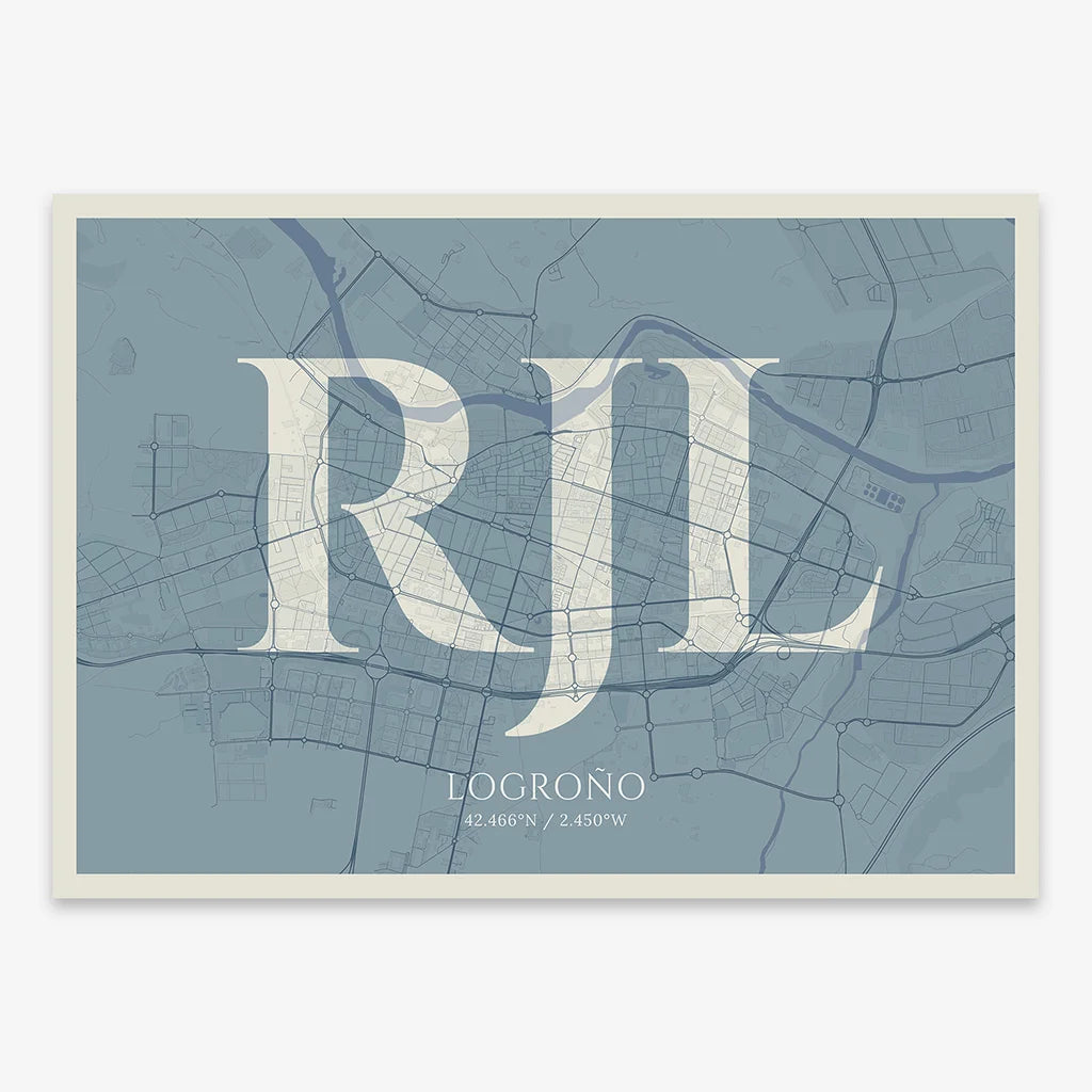 Decorative map of Logroño composed with letters in serif font printed on bluish gray and an off-white background