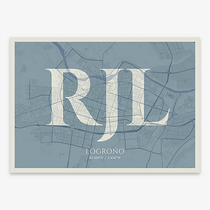 Decorative map of Logroño composed with letters in serif font printed on bluish gray and an off-white background