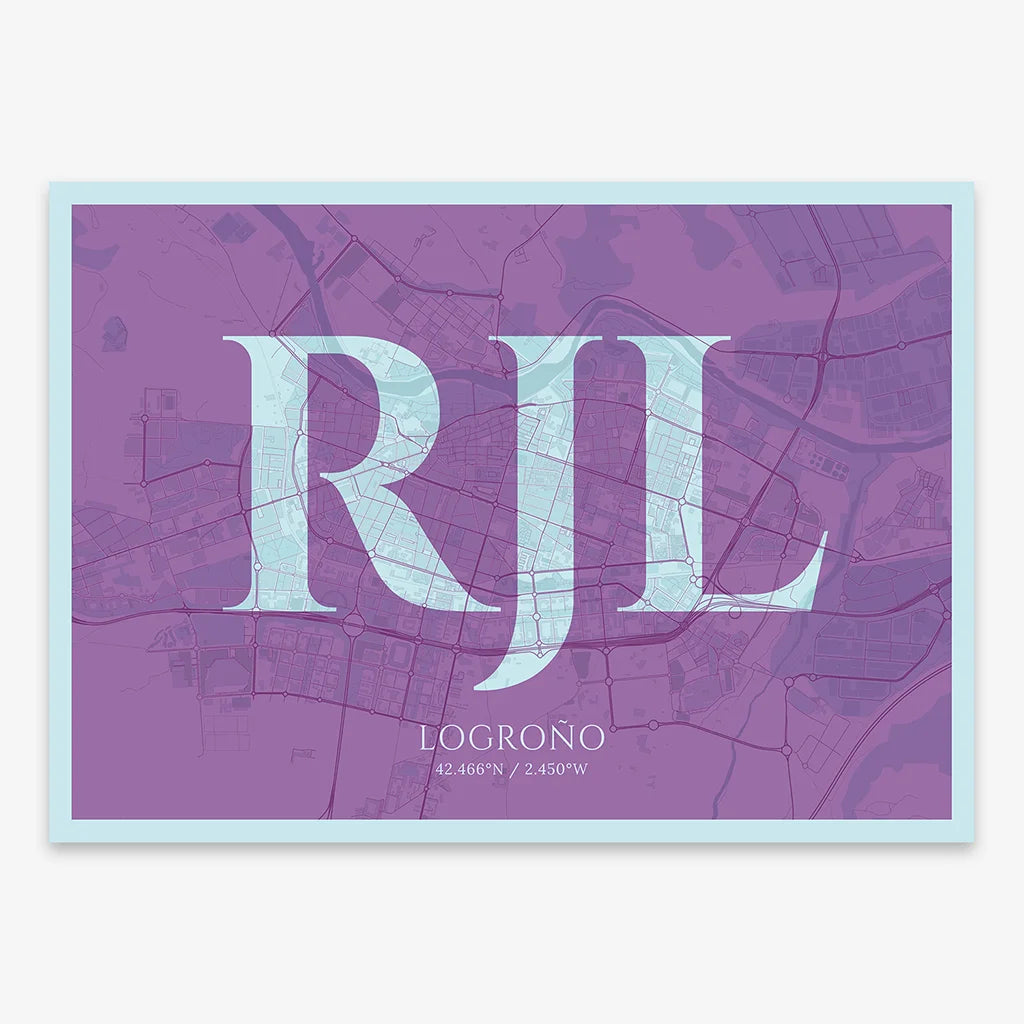 Decorative map of Logroño composed with letters in serif font printed on purple and light blue