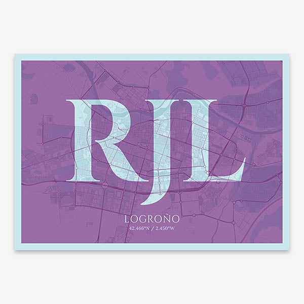 Decorative map of Logroño composed with letters in serif font printed on purple and light blue