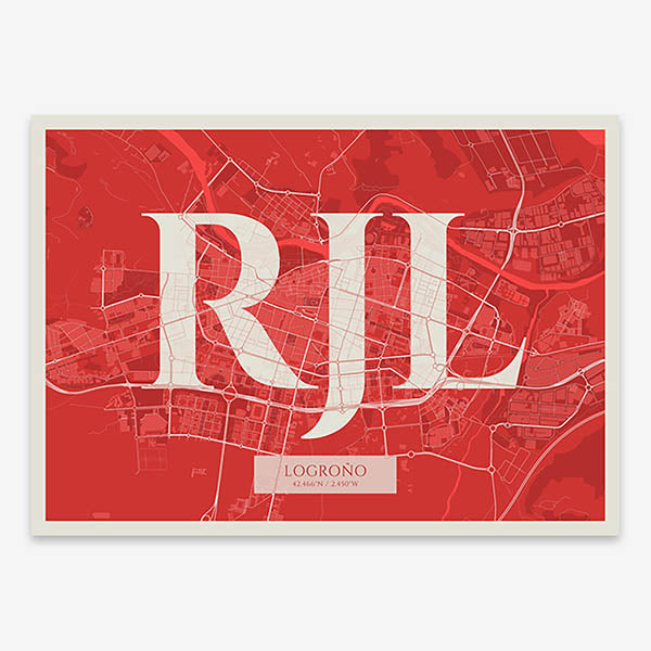 Decorative map of Logroño composed with letters in serif font printed on red and an off-white background