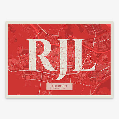 Decorative map of Logroño composed with letters in serif font printed on red and an off-white background