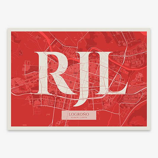 Decorative map of Logroño composed with letters in serif font printed on red and an off-white background