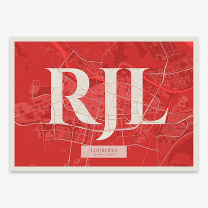 The map of Logrono composed with letters in serif font printed on red and an off-white background