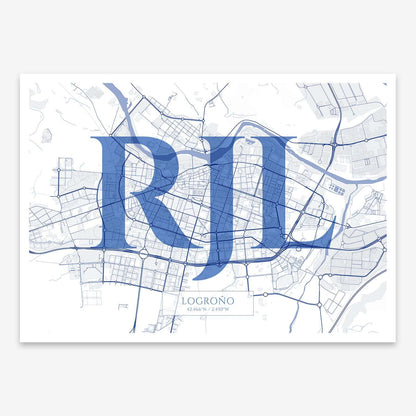 The map of Logrono composed with letters in serif font printed on navy blue and white
