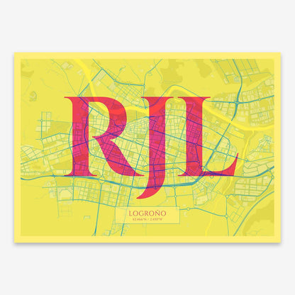 The map of Logrono composed with letters in serif font printed on yellow and fuchsia