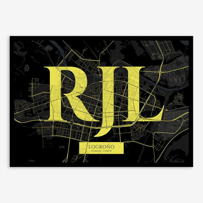 The map of Logrono composed with letters in serif font printed on black and yellow
