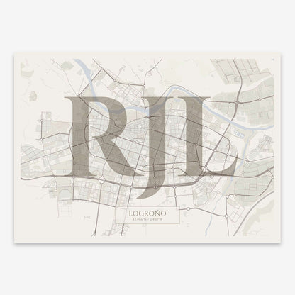 The map of Logrono composed with letters in serif font printed on light brown and an off-white background