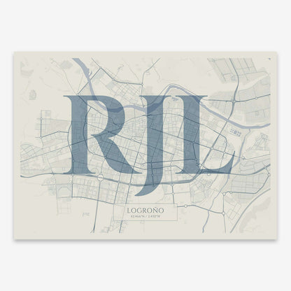 The map of Logrono composed with letters in serif font printed on bluish gray and an off-white background