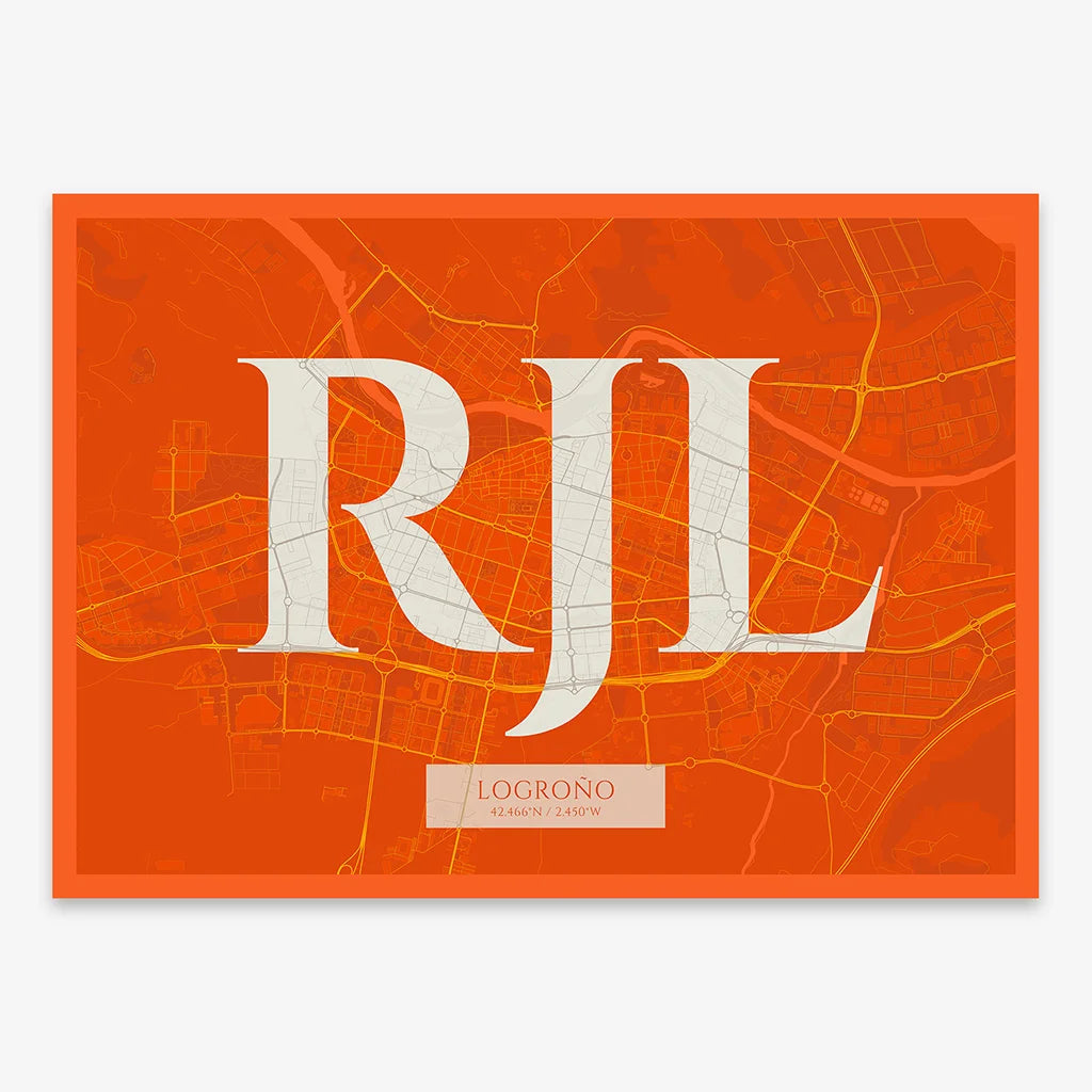 Decorative map of Logroño composed with letters in serif font printed on orange and an off-white background