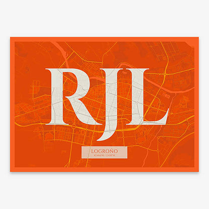 Decorative map of Logroño composed with letters in serif font printed on orange and an off-white background