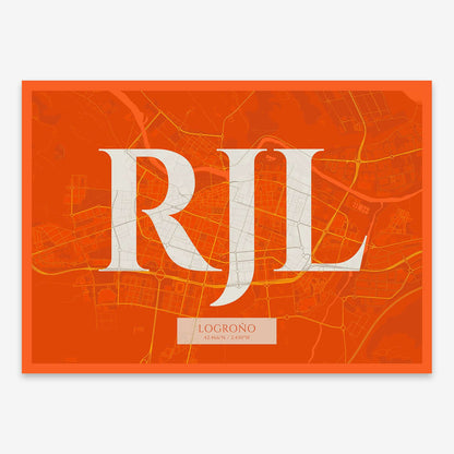 The map of Logrono composed with letters in serif font printed on orange and an off-white background