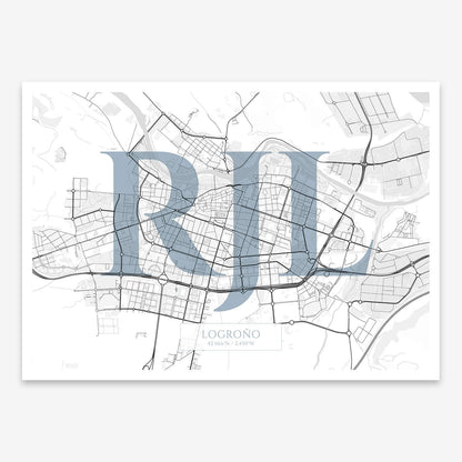 The map of Logrono composed with letters in serif font printed on black and white