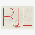 Mapa de Logroño en el diseño la Ultrafina, una estética minimalista que combina cartografía urbana con letras modernas, finas y elegantes diseñado en rojo y fondo blanco roto