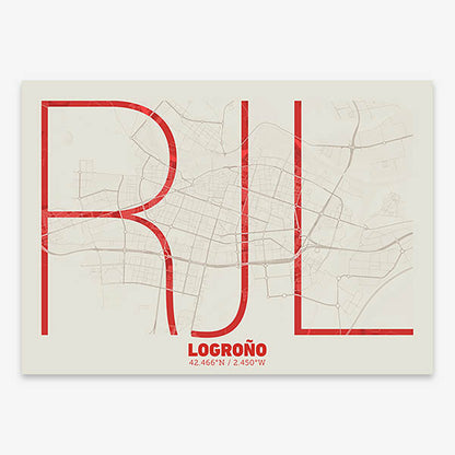 Poster of Logroño composed with letters in extra light font printed on red and an off-white background