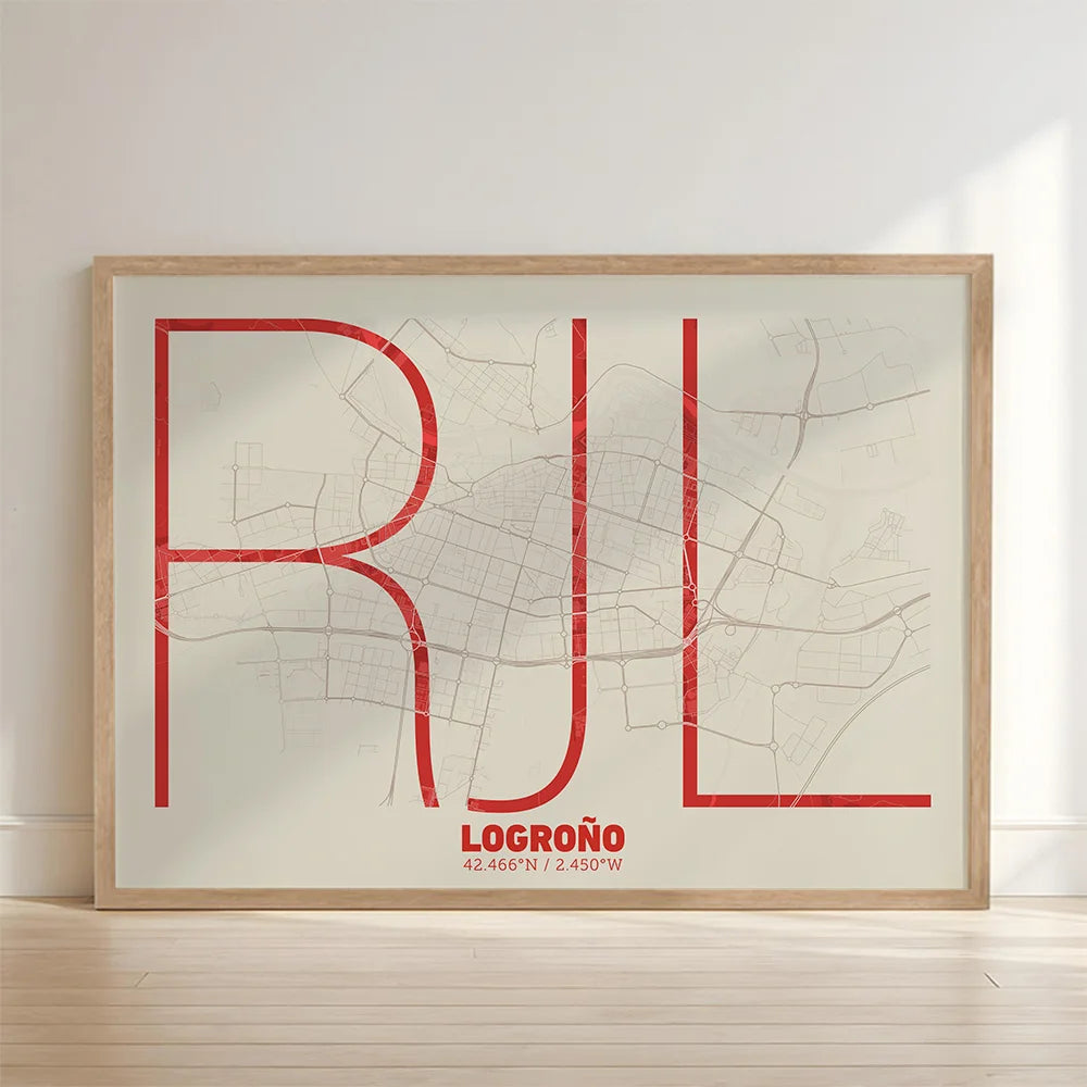 Cuadro de Logroño en el diseño la Ultrafina, una estética minimalista que combina cartografía urbana con letras modernas, finas y elegantes diseñado en rojo y fondo blanco roto con impresión sin márgenes, apoyado contra la pared