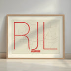 Framed Logroño in Ultralight design, a minimalist aesthetic combining urban cartography with modern, extra-thin elegant lettering designed in red and an off-white background with a white margin border in a warm lit minimalist setting
