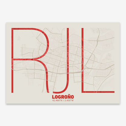 The map of Logrono composed with letters in extra light font printed on red and an off-white background