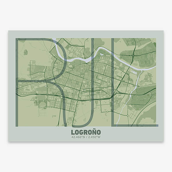 Poster of Logroño composed with letters in extra light font printed on two green tones