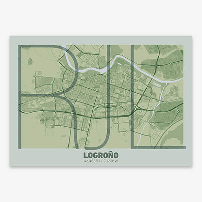Poster of Logroño composed with letters in extra light font printed on two green tones