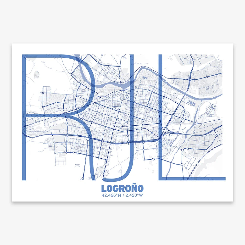 Poster of Logroño composed with letters in extra light font printed on navy blue and white