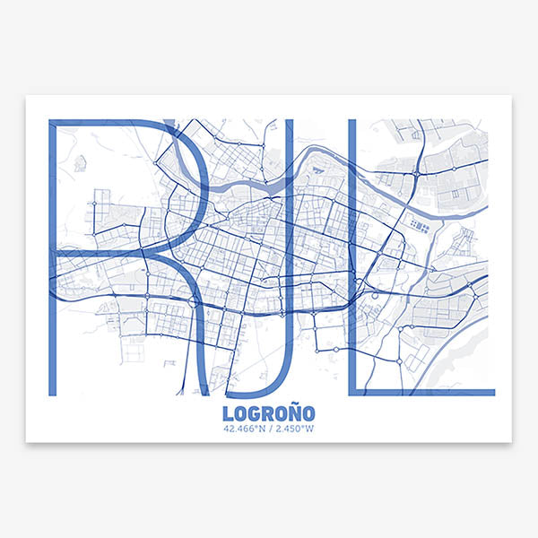Poster of Logroño composed with letters in extra light font printed on navy blue and white